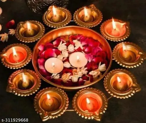 Handicraft studio Metal Urli for Decoration in gold Colour 10 Diya pack of 1 Diwali Decor / home decor
