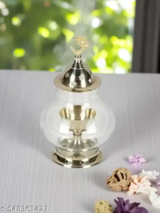 SriMaa Ventures Elegant Om Akhand Brass Diya with Transparent Glass Cover | Long-Burning Oil Lamp for Prayer Room, Festival Celebrations, Devotional Use, Navratri Festivals