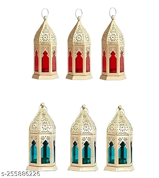 PALMY Hanging Tea Light Lantern | Moroccan Lantern Glass Hanging Lamp Red & sky blue color - For Home Decor & Gifts (Pack of 6) - 7 Inch