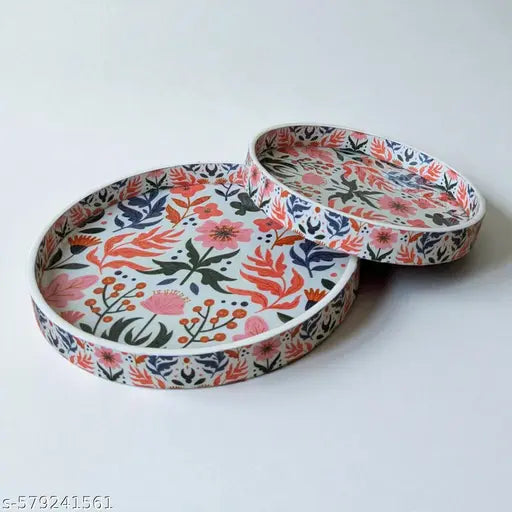Madarks Set of 2 Floral Round Trays – 9 Inch & 7 Inch – MDF Printed Decorative Serving Trays with Enamel Coating – Lightweight, Durable & Easy to Clean – Ideal for Snacks, Drinks, Decor