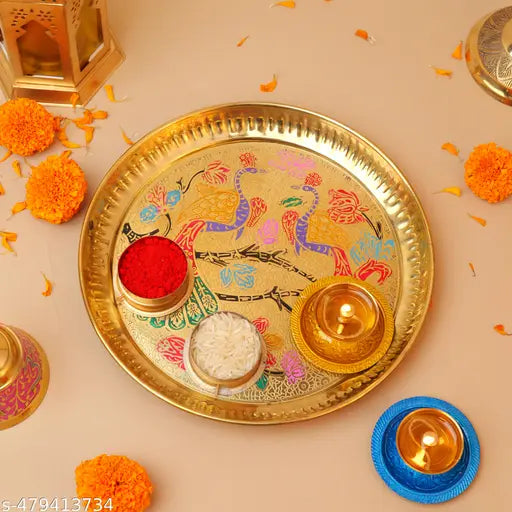 Pure Brass Plate Thali Serving Purpose Engraved Peacock Design 8 Inch Pack of 4