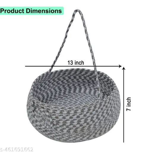 Home décor 13 L* 8 H inch Round Basket rope storage book jute fruits planter basket kids toy gift hamper baby tray bucket organizer Fruit Basket for living room kitchen washroom Pack of 1 White + Silver Color