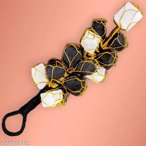 Swara Agate Natural Handcrafted Black Tourmaline and Selenite Hanging Ornament Selenite and Tourmaline Rough Chunks Hanger Protection from Negative Energy & Evil Eyes