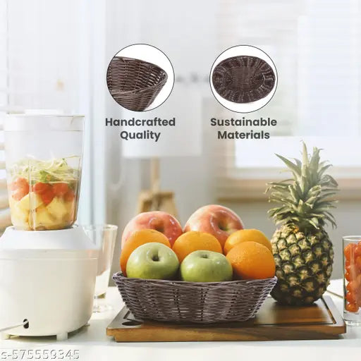 GERAT Pack of 2 Round Storage Basket | Durable Plastic with Woven Perforated Design | Multipurpose Organizer for Fruits, Vegetables, Bread, Napkins & More – (Dark Brown)