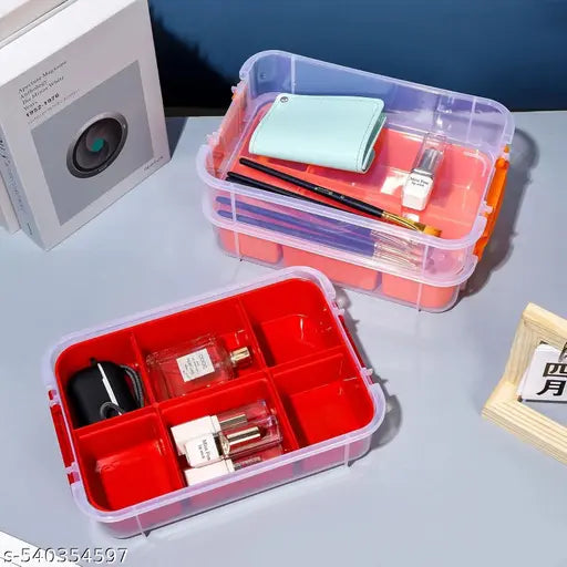 3 Layer Plastic Storage Containers with Lids, Multipurpose Clear Stack & Carry Box, Portable Craft Organizers, and Storage Bin for Organizing Arts & Crafts, Sewing, stationery box,(Red)