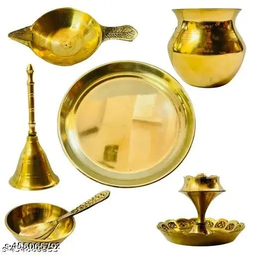 ELITETOUCH  Pooja Thali Set for daily worship | Full Puja Thali set with Pital Plate Kalash Dhup Dan Laxmi Diya Ghanti Catori Chamach (spoon) for laddu gopal bhog thali set, pooja Arti Thali for Diwali pooja Home Office Mandir - 17 CM Plate