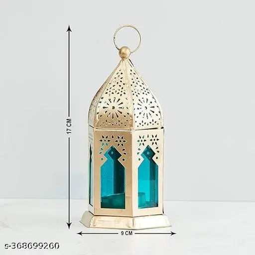 Hanging Candle Holder Tea Light Lantern Gold with Blue RED Glass for Decoration Diwali Anniversary Part Home etc Pack of 02