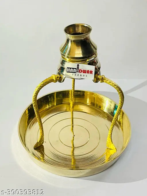 Haridwar Trends | Brass Pooja Plate Thali with Brass Shivling Stand Tripai and Abhishek Kalash Lota for Shiv Pooja | Brass Pooja Plate Thali | Shivalingam Stand | Shivling Stand | Puja Bhog Thali | Shivalinga Stand for Jalabhishek without Shivling.