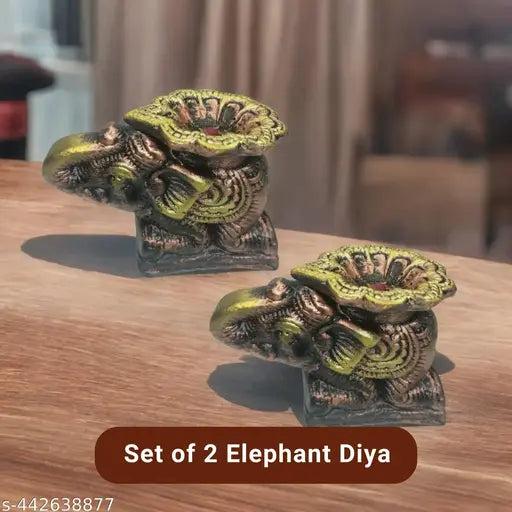 SHAGUN EK ANOKHA RISHTA Elephant/ Hathi Decorated Clay Diya Wax Filled Dia for Diwali Puja Pooja Handmade | Terracotta Earthen Diya Handpainted Antique Colors | Vilakku Oil Lamp | Natural Mitti Diya | Indian Gift. Pack of 2