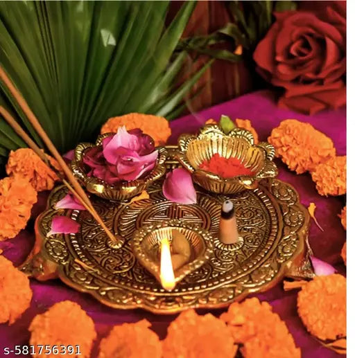 Small Size - "Premium Decorative Pooja Thali Set with Kumkum, Rice & Diya Holders | Antique Gold Finish Puja Plate for Diwali, Navratri, Raksha Bandhan & Wedding Rituals"- ( Gold Plated )