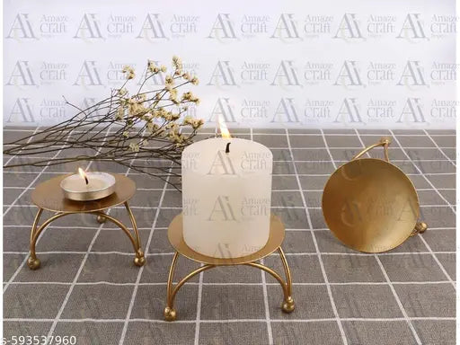 AMAZE CRAFT IMPEX | 4 Pack Iron Pillar Candle Holder Decorative Gold Iron Plate Candle Holder Centerpiece 2.5 Inch Diameter Fit LED & Wax Candles, Pedestal Candle Stand for Tables, Wedding