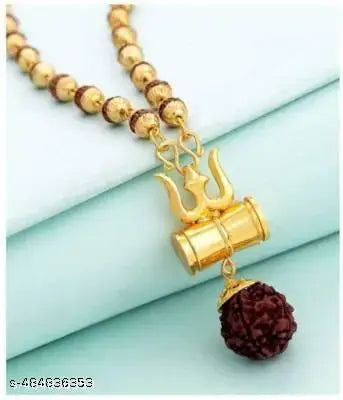 Gold Plated Shiva Trishul Damru Mahadeva Panchmukhi Rudraksh Om  Damru  Pendant Locket Necklace Jewelry for Men and Women Gold-plated Brass Pendat (pack of 1)