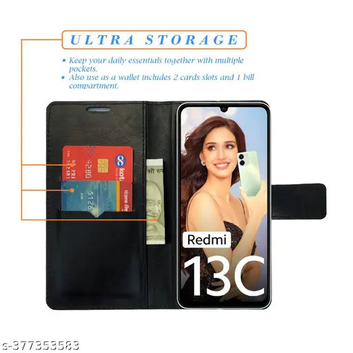 Heena Green Flip Cover for Redmi 13c 4G| Leather Finish|Shock Proof|Magnetic Clouser Compatible with Redmi 13c 4G(Green)