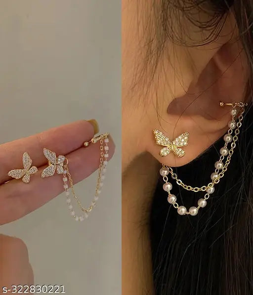 TheVineGirl Korean Pearl Chain Ear Cuff Butterfly Stud Earrings For Women/Girls