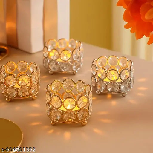 Tea Light Candle Holder For Home Decoration Metal Crystal Candle Holder Tea Light Holder Tea Light Holder for Table Decoration(Pack Of 4).