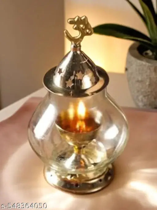 SriMaa Ventures Brass Om Akhand Deepak with Crystal-Clear Glass Cover Religious Diya/Deepak for Mandir Shelf, Diwali Setup, Devotional Puja, Home Positivity