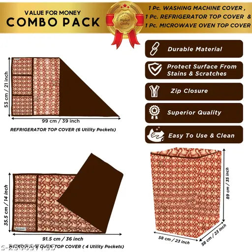 E-Retailer® Exclusive 3-Layered PVC Combo Set of Appliances Cover (1 Pc. of Fridge Top Cover,  1 Pc. of Microwave Oven Top Cover and 1 Pc. Top Load Washing Machine Cover) (Color-Brown, Design-Stripes, Set Contains-3 Pcs.)