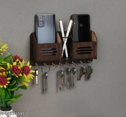 Beautiful Wooden Wall Mounted Designer Key Holders & Mobile Holder Stand for Home Decor | Stylish Hook Stand Organizer for Home Holder with Mobile Stand (