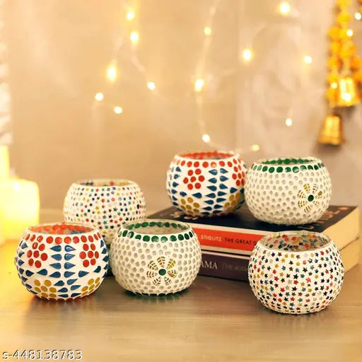 Beautiful Glass Mosaic Tealight Set of 5 For Diwali Decor II Kitchen Decor II Office Decor II Gift for Couples