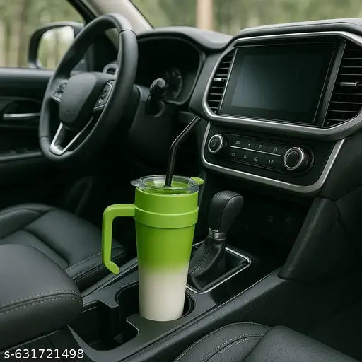 PREMIUM GREEN & WHITE SIPPER TUMBLER  BOTTLE WITH  HANDLE & STRAW  LEAKPROOF TRAVEL MUG FOR COFFE & SHAKES