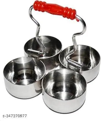 Puja Puja Roli Chawal, Elaichi, Mishri 4 Bowl Stand | Chowmukh Haldi Kumkum Holder Patra (Small Size: 8.5x8.5x5.5 cm, Color: Multi) (Stainless Steel)