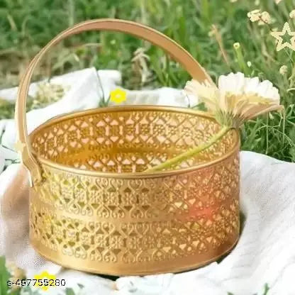 Pluxhomo Flower Basket | Pooja Basket with Handle | Dolchi Basket for Puja Brass Traditional Round Shape Pooja Basket/Pooja Dalia (8 Inch X 3.5inch)