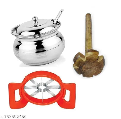 Stainless Steel Ghee Pot With Mini Spatula Only and Wooden Rai and Gift , Pack of 3
