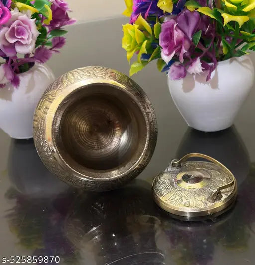 Brass Gangajali Kalash with Engraved Design and Handle, Traditional Indian Vessel