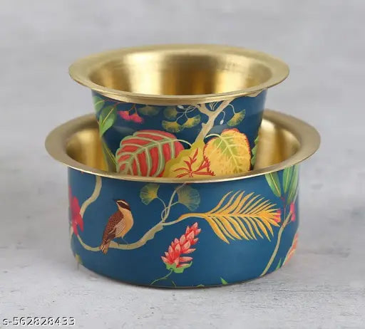 I M HANDICRAFT Presented The Brass Coffee Dabara set of 1 Tumbler & 1 Dawara Enemal Printed Design Jungle Safari Blue Theme South Indian Coffee Style