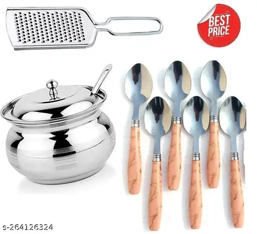 Combo Of 3 , Multicolor Dinner Marbel Spoon Set Of 6, Stainless Steel Ghee Pot With Lid And Spoon (250ml) Chees Greaterl