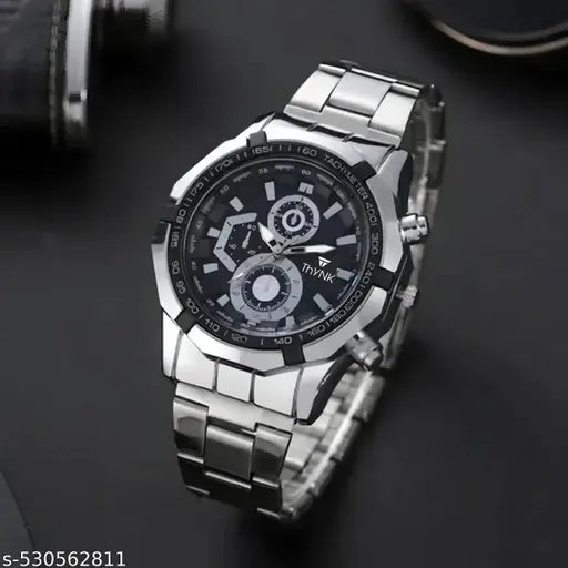 THYNK BLACK DAIL NEW DESIGNER ROUND STIANLESS STEEL SILVER ADJUSTABLE CHAIN Analog Watch - For Men