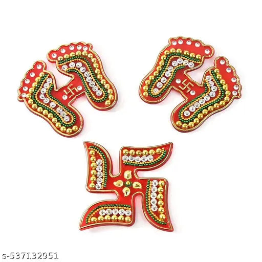 Laxmi Mata Ji Charan Paduka Pagla Fortune Feet Pairs and Swastik Diwali Rangoli Floor Pooja Room Showpiece Door Valance Decorations (Set of 3)