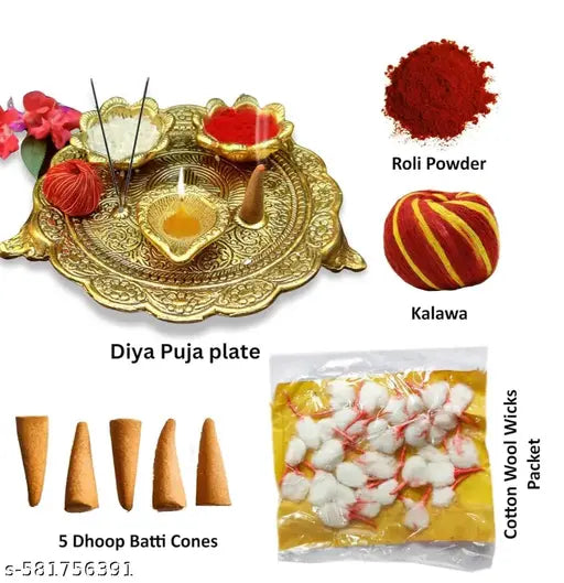 Small Size - "Premium Decorative Pooja Thali Set with Kumkum, Rice & Diya Holders | Antique Gold Finish Puja Plate for Diwali, Navratri, Raksha Bandhan & Wedding Rituals"- ( Gold Plated )