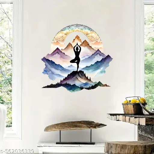 Home Decor doing yoga in mountains Sticker for Home, Living Room, Bedroom, Kitchen (60 cm x 56 cm)