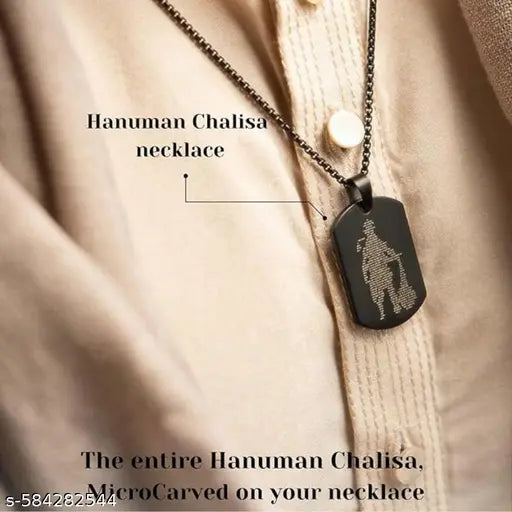 Black Stainless Steel Hanuman Chalisa Pendant Necklace – Laser Engraved Lord Hanuman Silhouette