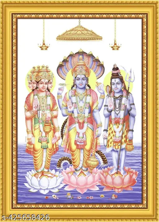 Designocracy  Brahma Vishnu Mahesh Lord Shiv Shiva Trimurti Wall Painting Framed Home Decor_714