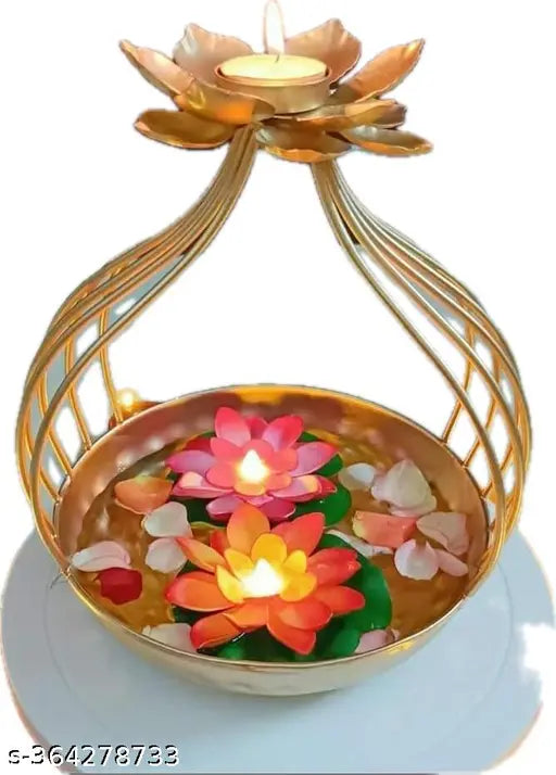 Flower Shape Diya Decorative Urli Bowl for Home, Office and Table Decor |Floating Flowers and Tea Light Candles Home, Diwali Decoration, Pooja