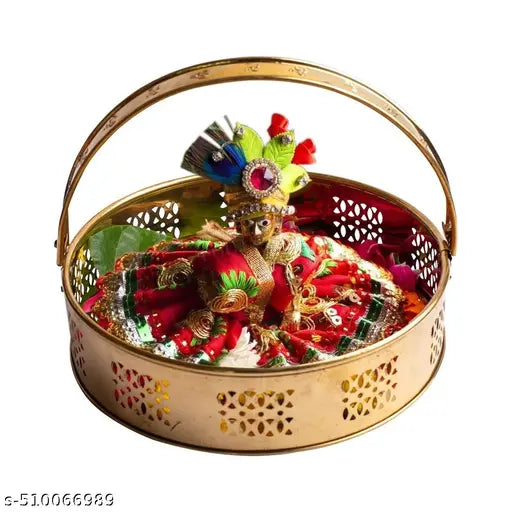 Round Metal Puja Basket with Handle High Quality Metal Gold Finished Flower Basket for Puja Diwali Navratri Festivals Brass & Metal Handicrafts By IBFASAA IMPEX
