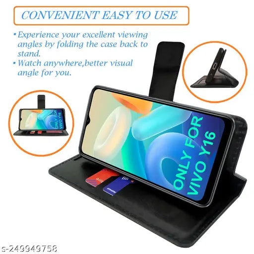 MyFlips Black Tower Flip Cover for Vivo Y16| Leather Finish|Shock Proof|Magnetic Clouser Compatible with Vivo Y16(Black)