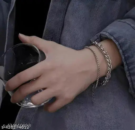 Men Women Stainless Steel Silve Link Chain Bracelet Doubla Layers New