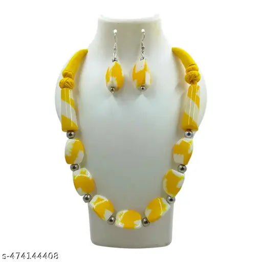Handcrafted Chemical Beads Necklace and Earring Set, Yellow and White Marble Pattern, Traditional Design.