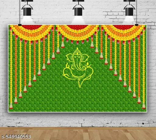 ganesh backdrop decoration cloth for home pooja background  decoration curtains for haldi function colorful traditional backdrrop festival background for vinayaka chavithi varalxmi pooja mandap decoration wedding taiwan fabric cloth (5 x 8 feet)