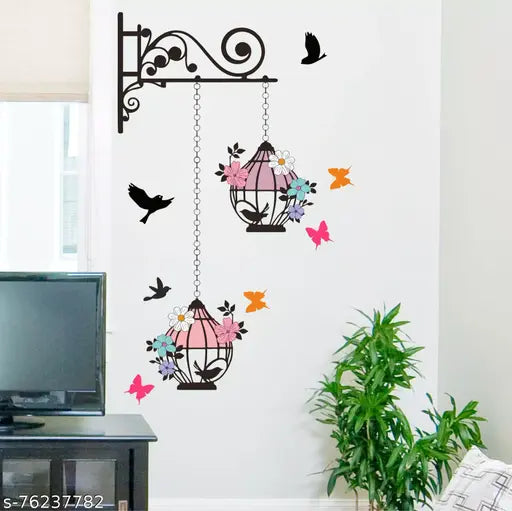 Azan Creation Beautiful Cages with flower Wall Sticker for Bedroom Color - Multicolor  Wall Sticker