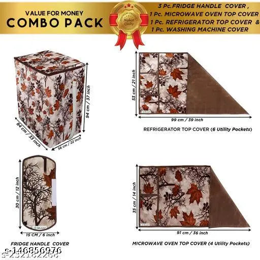 E-Retailer® Exclusive 3-Layered Polyester Combo Set of Appliances Cover (1 Pc. Fridge Top Cover, 3 Pc. Handle Cover, 1 Pc. of Microwave Oven Top Cover and 1 Pc. Semi Autometic Washing Machine Cover) (Color-Brown, Design-Floral, Set Contains-6 Pcs.)