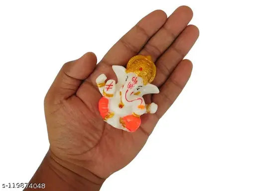 PAYSTORE Exclusive Marble Small Ganesha Idols for Car Dashboard (2.2- x 2.2 Inches - Golden Mukut - Multi coloured)