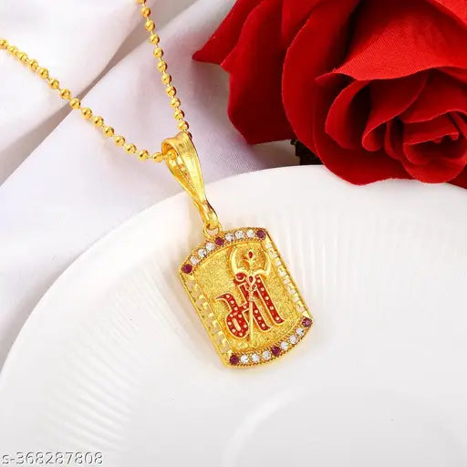 Gold Plated CZ Square Shape Hindi Word Maa with Trishul Pendant Locket