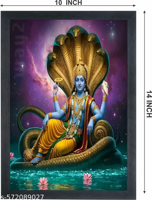 SINGODIYA INDUSTRIES Vishnu and Laxmiji Photo With Frame | Religious Framed Painting for Wall and Pooja | Hindu Bhagwan Devi Devta Square Photo Frame | God Poster for Puja (10 x 14 Inch)