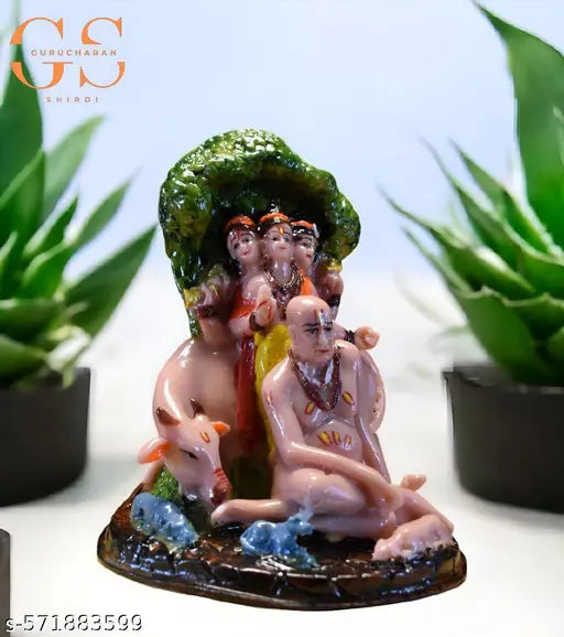 Premium Quality Divine Marble Dattatreya with Shri Swami Samartha Maharaj Idol – Cow & Nature Base Design