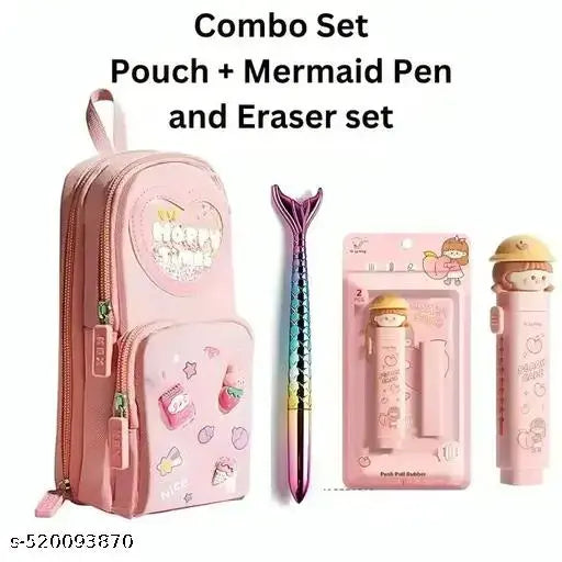 Kawaii Pencil Case Set: Spacious 3-Compartment Pouch with Peach Eraser & Mermaid Pen – Perfect for School, Office, and Gift Giving!