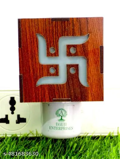 Dauji Enterprises Swastik Wooden LED Night Light + Rose Aroma Oil Set Electric Kapoor Dani,  Dhoop Dani, Aroma Burner for Home Décor/Office/Pooja Room/Kids Room |Air Freshener |Night Lamp and Room Freshener |Incense Burner|